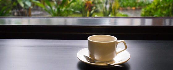 Cup of coffee on table with plants seen though window